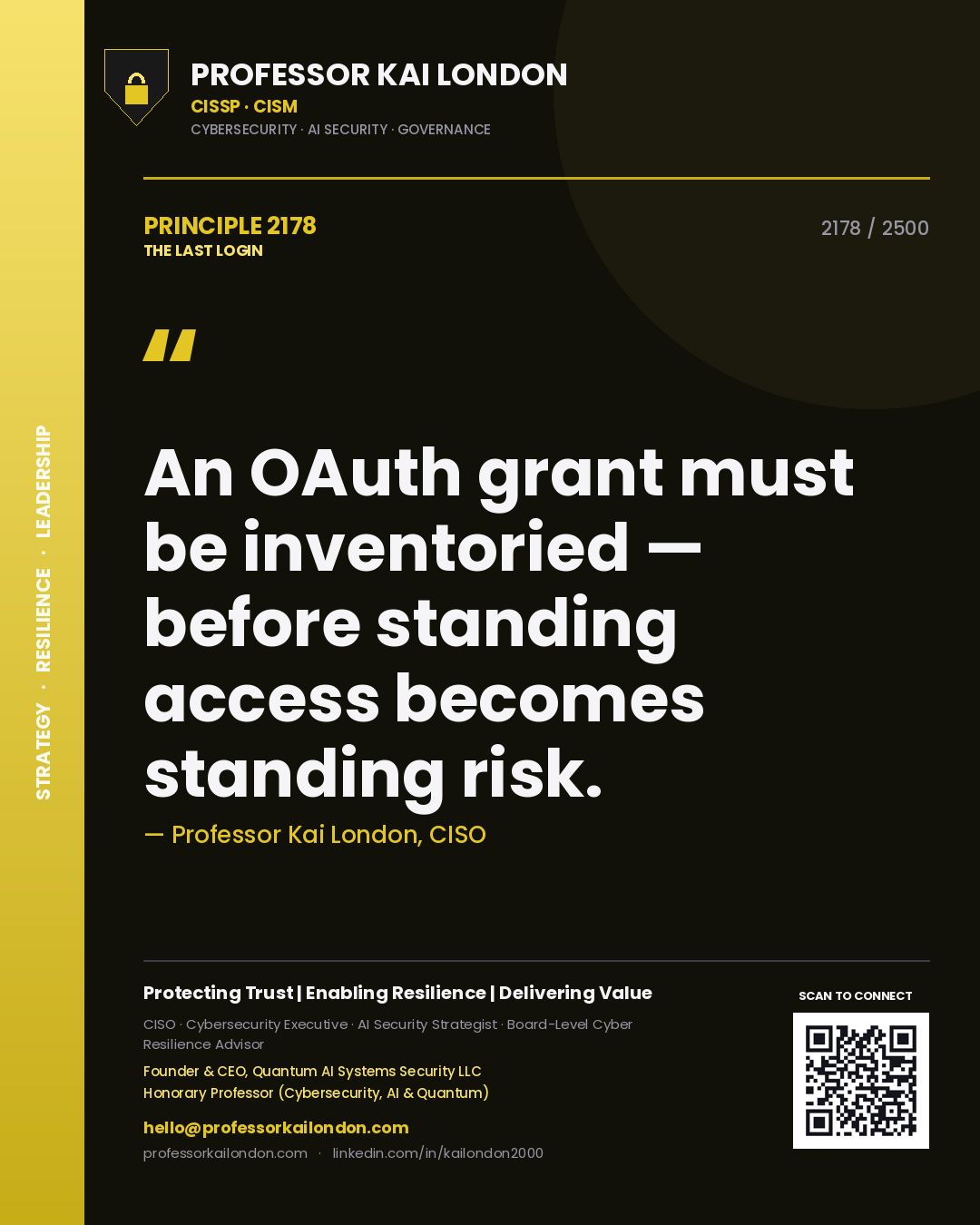 Professor Kai London principle 2178: An OAuth grant must be inventoried — before standing access becomes standing risk.