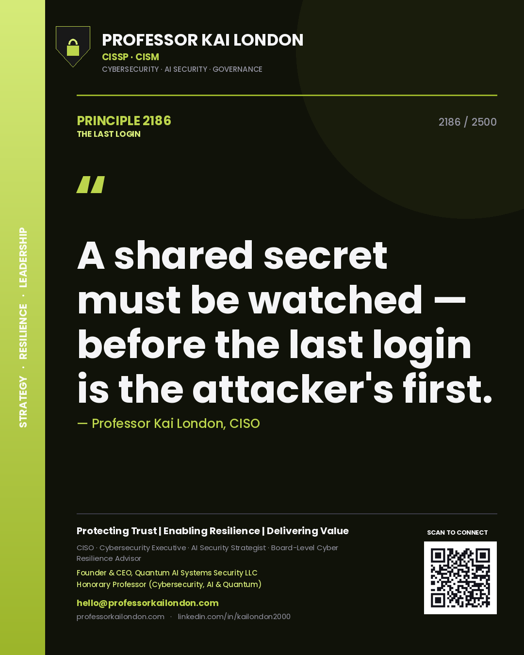 Professor Kai London principle 2186: A shared secret must be watched — before the last login is the attacker's first.