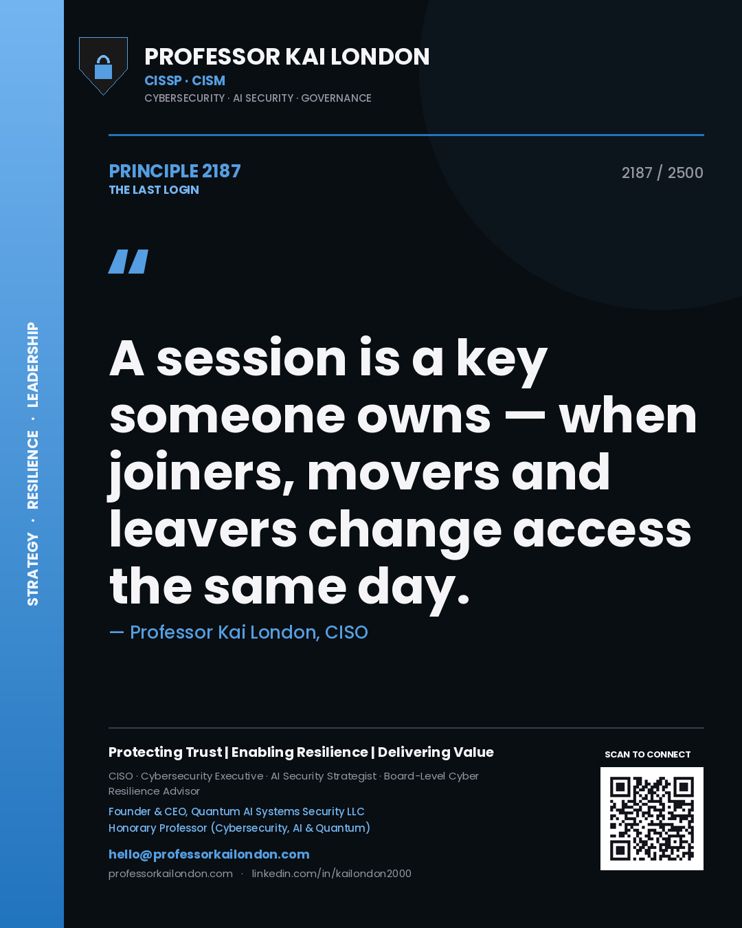Professor Kai London principle 2187: A session is a key someone owns — when joiners, movers and leavers change access the same day.
