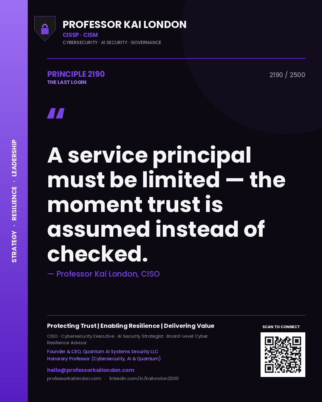 Quote card by Professor Kai London reading 'A service principal must be limited — the moment trust is assumed instead of checked.'. From the book The Last Login.