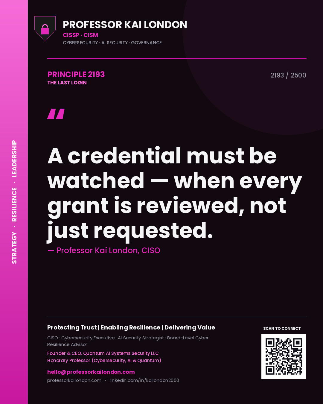 Professor Kai London principle 2193: A credential must be watched — when every grant is reviewed, not just requested.