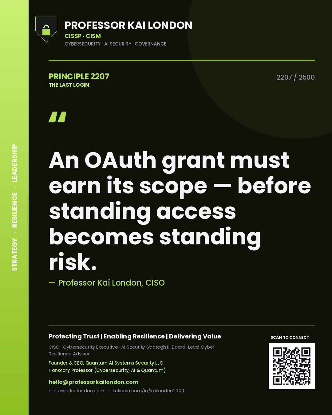 Quote card by Professor Kai London reading 'An OAuth grant must earn its scope — before standing access becomes standing risk.'. From the book The Last Login.