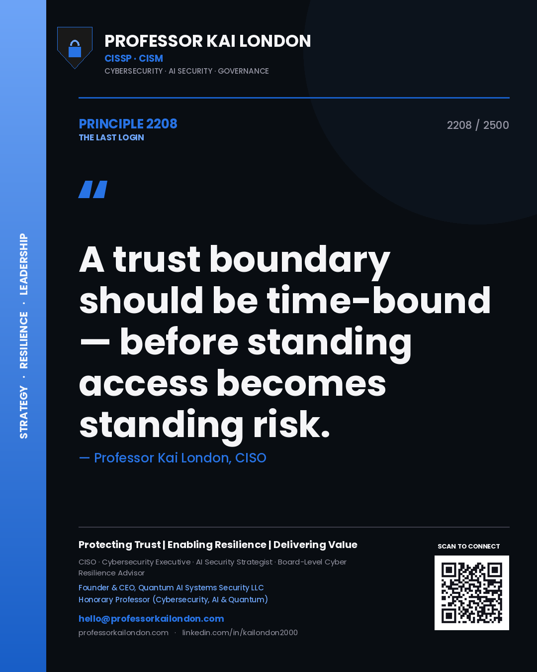 Professor Kai London principle 2208: A trust boundary should be time-bound — before standing access becomes standing risk.