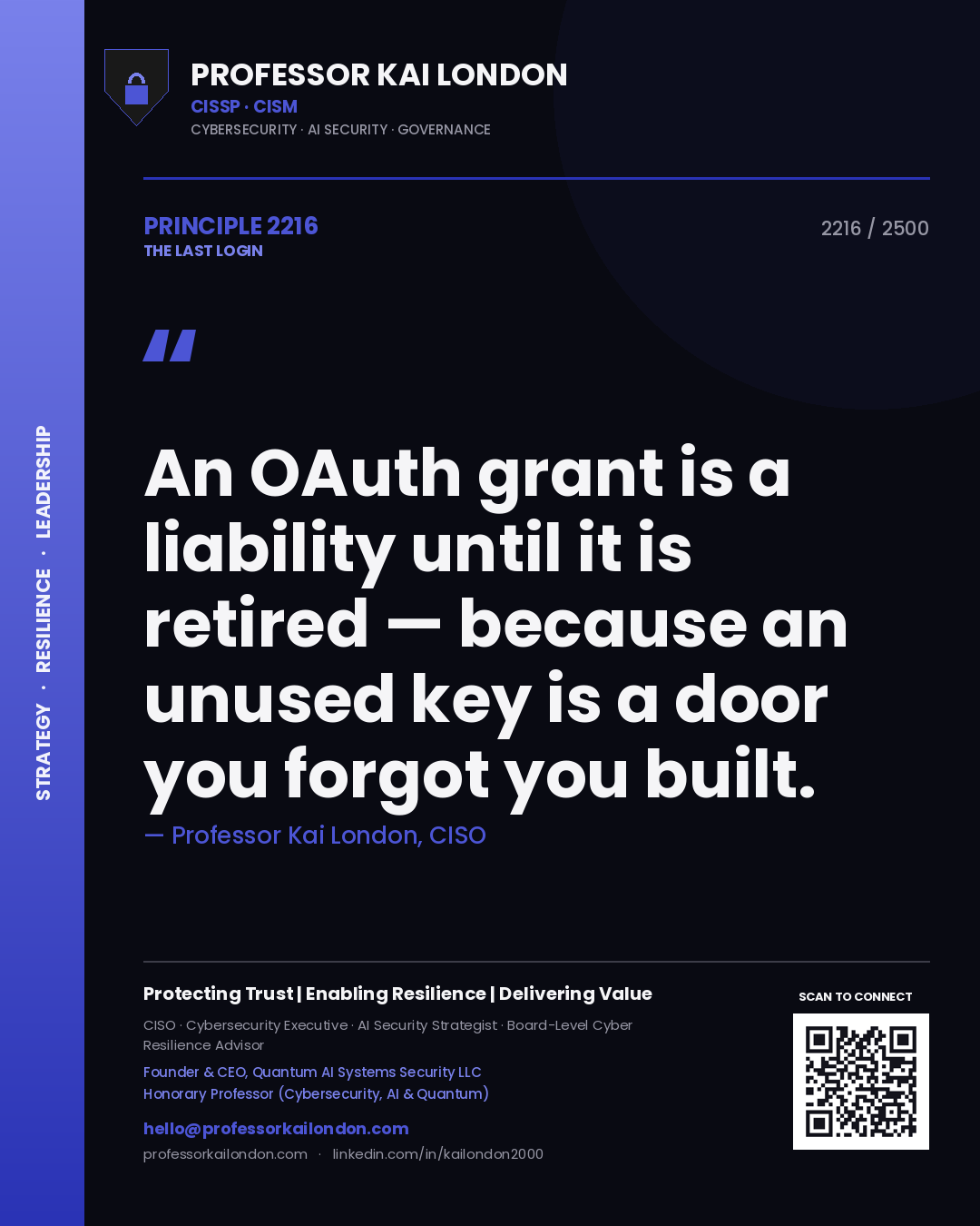 Quote card by Professor Kai London reading 'An OAuth grant is a liability until it is retired — because an unused key is a door you forgot you built.'. From the book The Last Login.