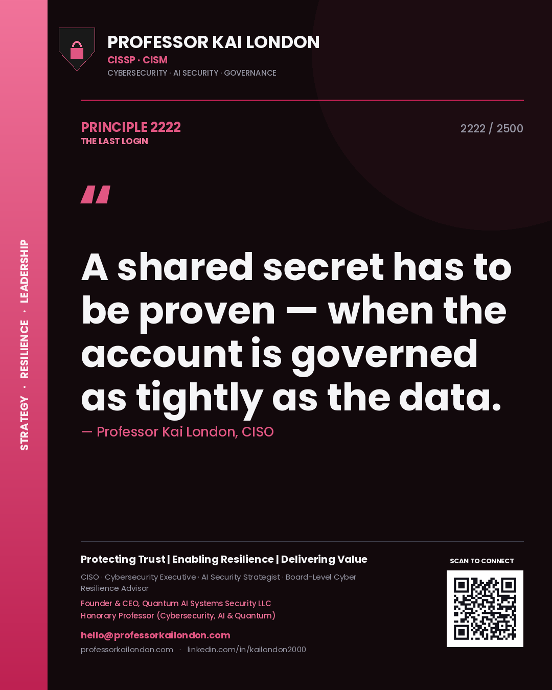 Professor Kai London principle 2222: A shared secret has to be proven — when the account is governed as tightly as the data.