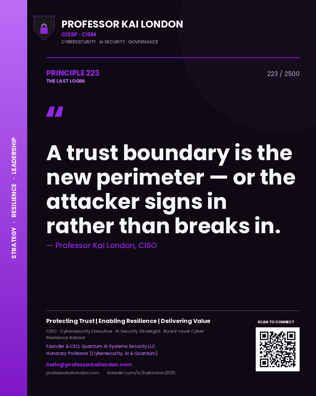 Quote card by Professor Kai London reading 'A trust boundary is the new perimeter — or the attacker signs in rather than breaks in.'. From the book The Last Login.