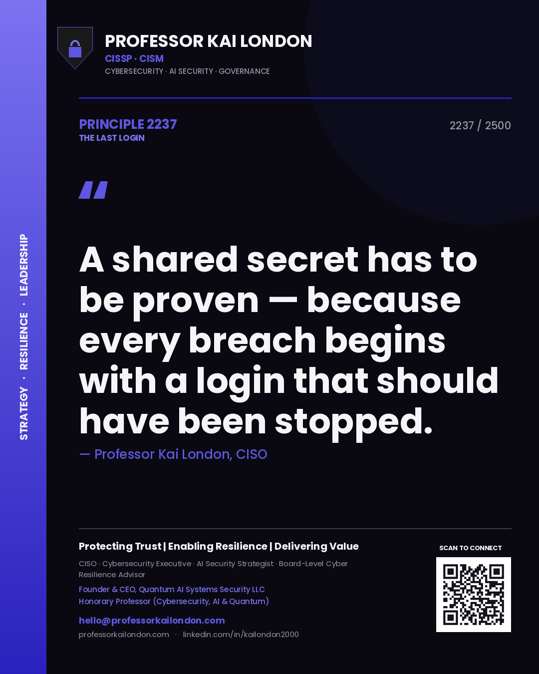 Quote card by Professor Kai London reading 'A shared secret has to be proven — because every breach begins with a login that should have been stopped.'. From the book The Last Login.