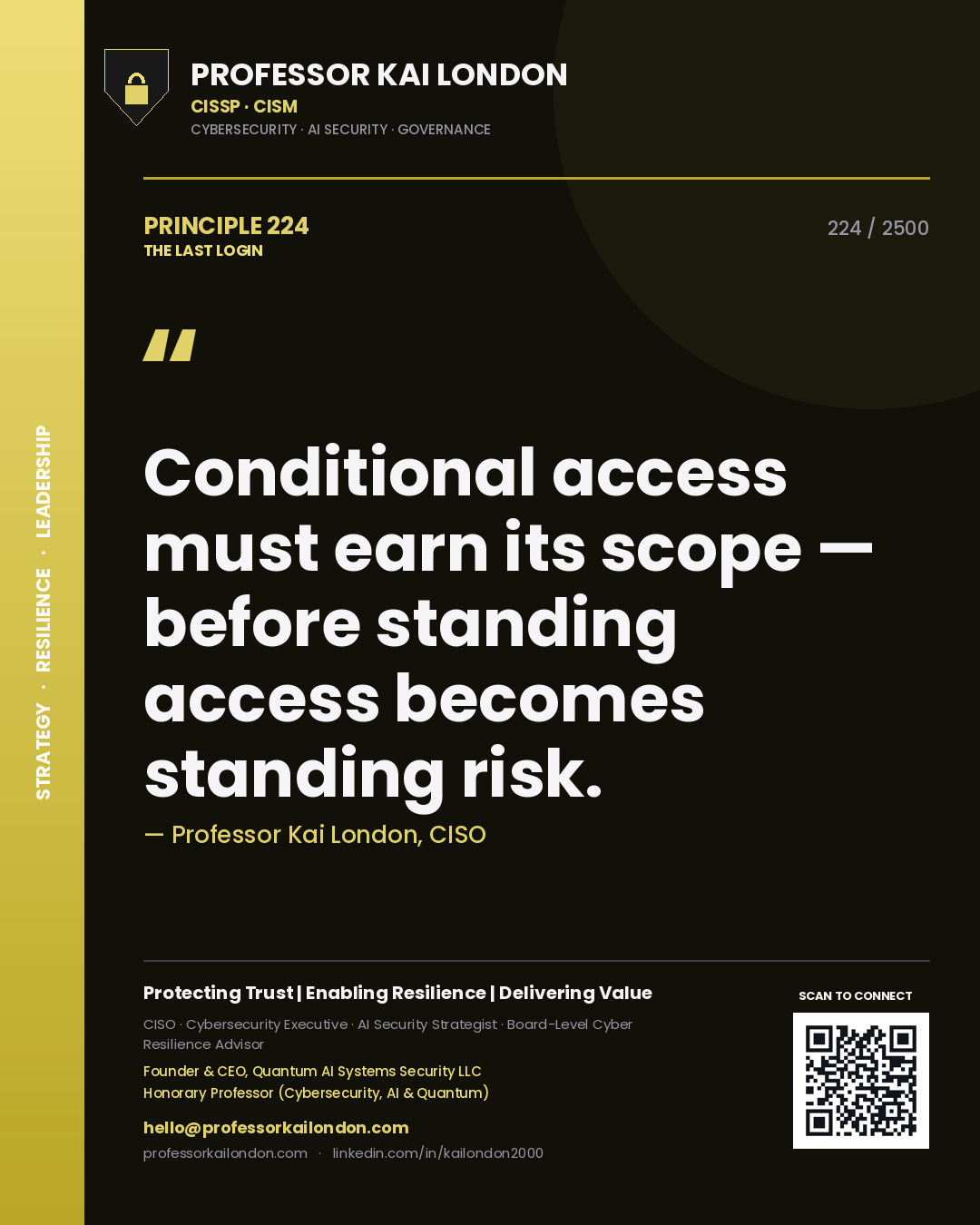 Quote card by Professor Kai London reading 'Conditional access must earn its scope — before standing access becomes standing risk.'. From the book The Last Login.