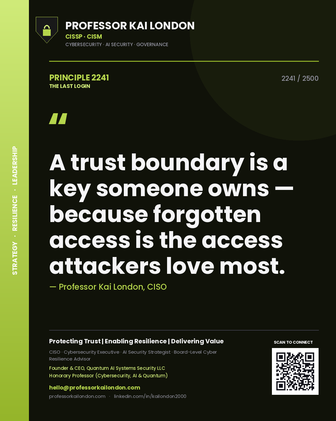 Quote card by Professor Kai London reading 'A trust boundary is a key someone owns — because forgotten access is the access attackers love most.'. From the book The Last Login.
