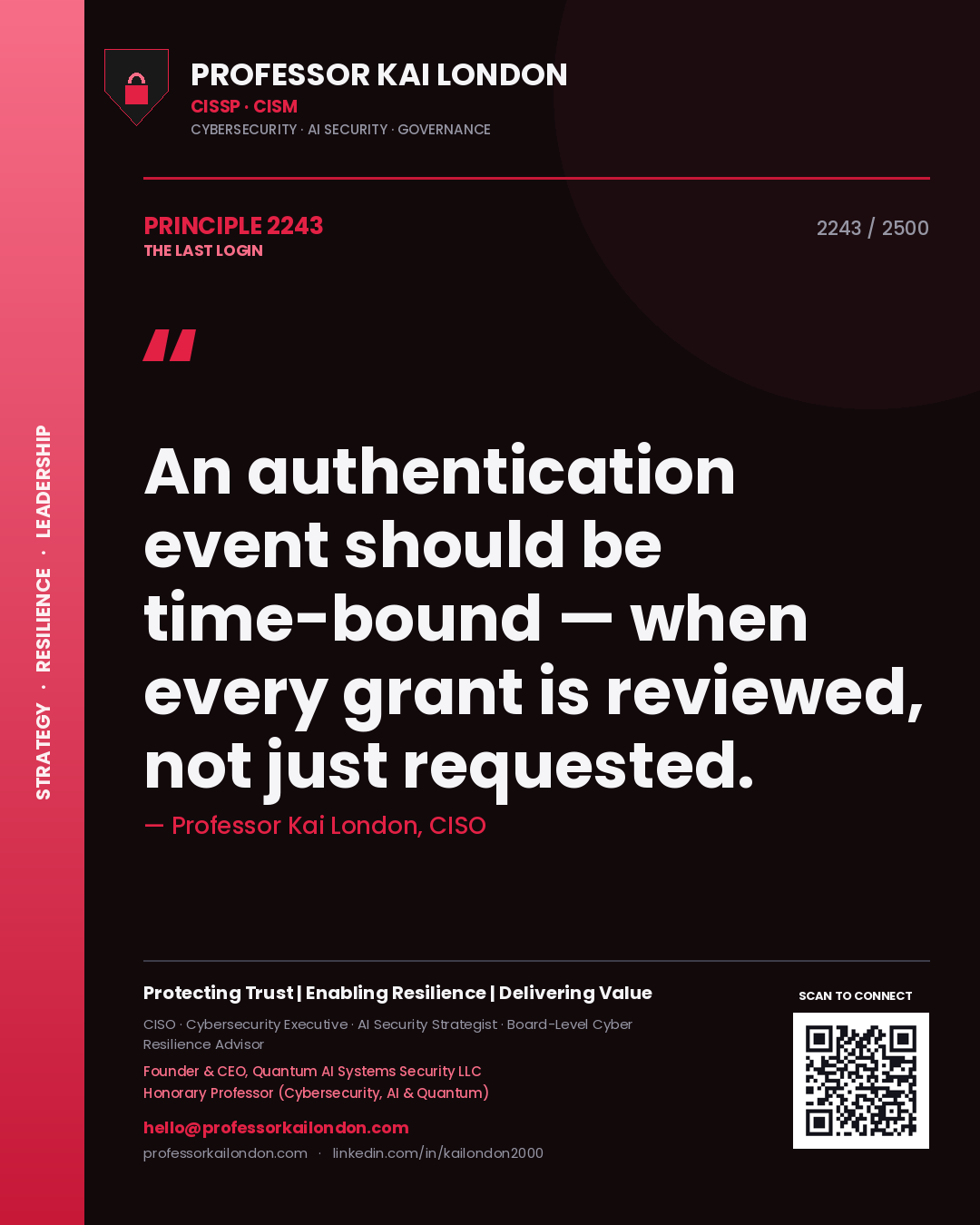 Quote card by Professor Kai London reading 'An authentication event should be time-bound — when every grant is reviewed, not just requested.'. From the book The Last Login.