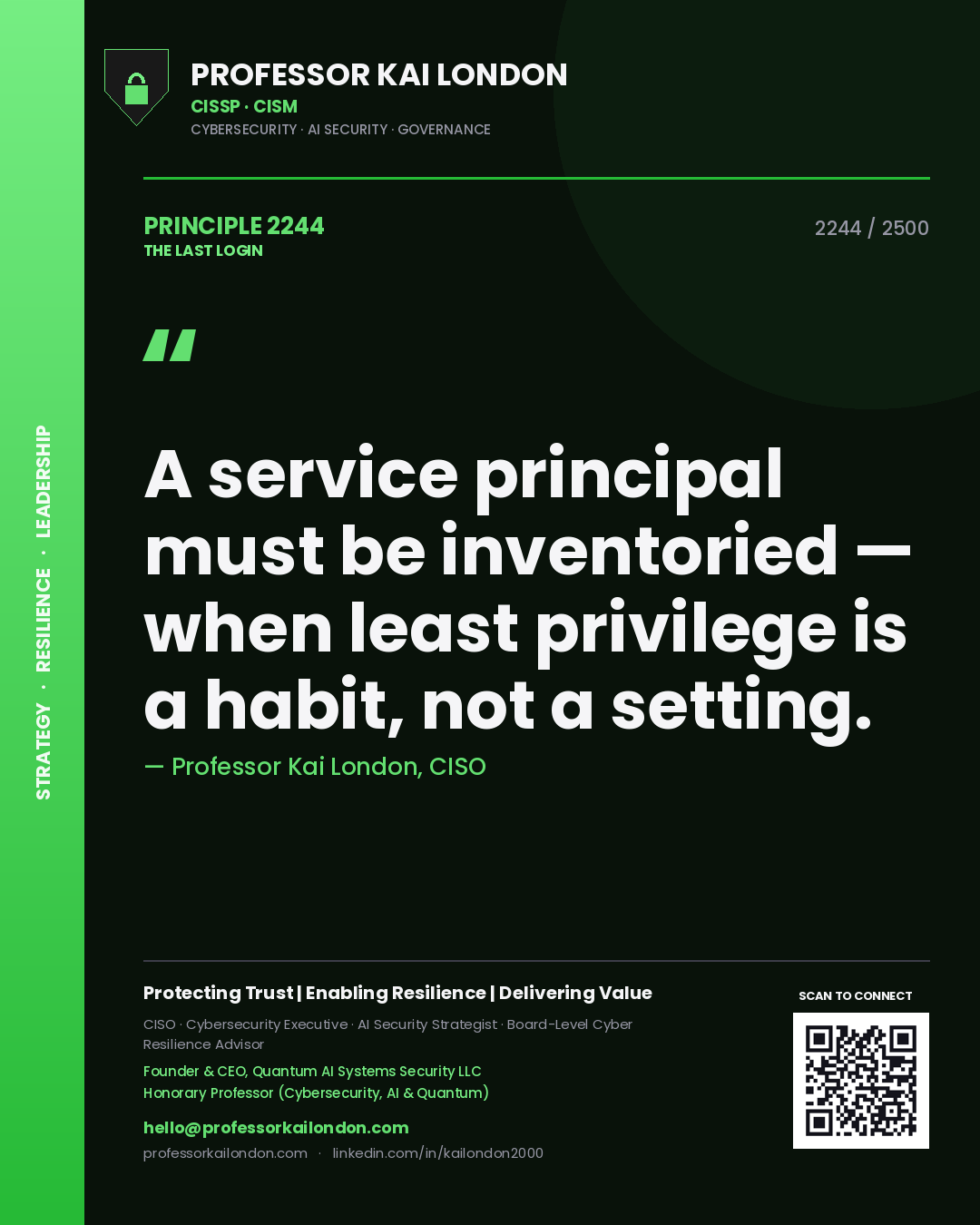 Quote card by Professor Kai London reading 'A service principal must be inventoried — when least privilege is a habit, not a setting.'. From the book The Last Login.