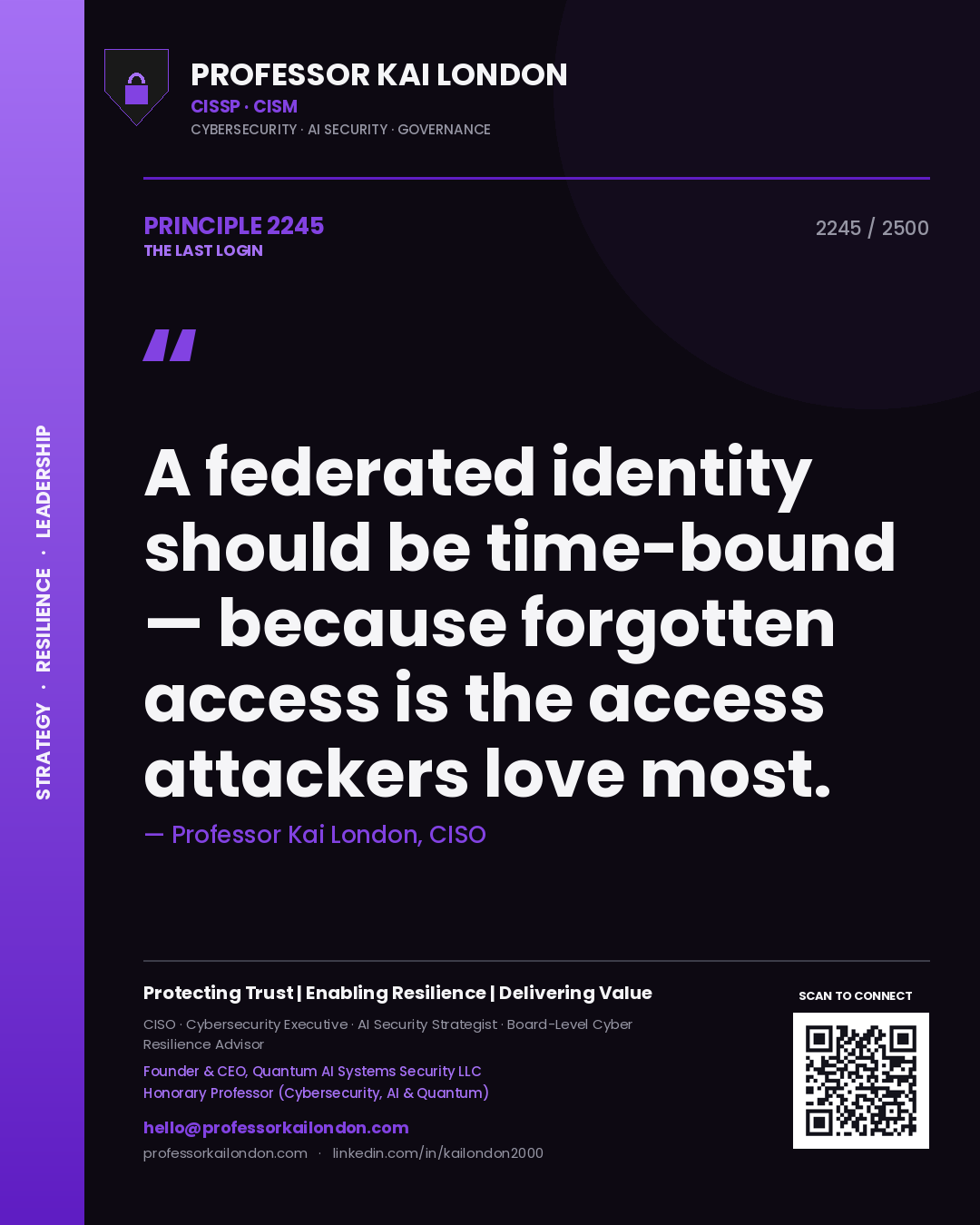 Quote card by Professor Kai London reading 'A federated identity should be time-bound — because forgotten access is the access attackers love most.'. From the book The Last Login.