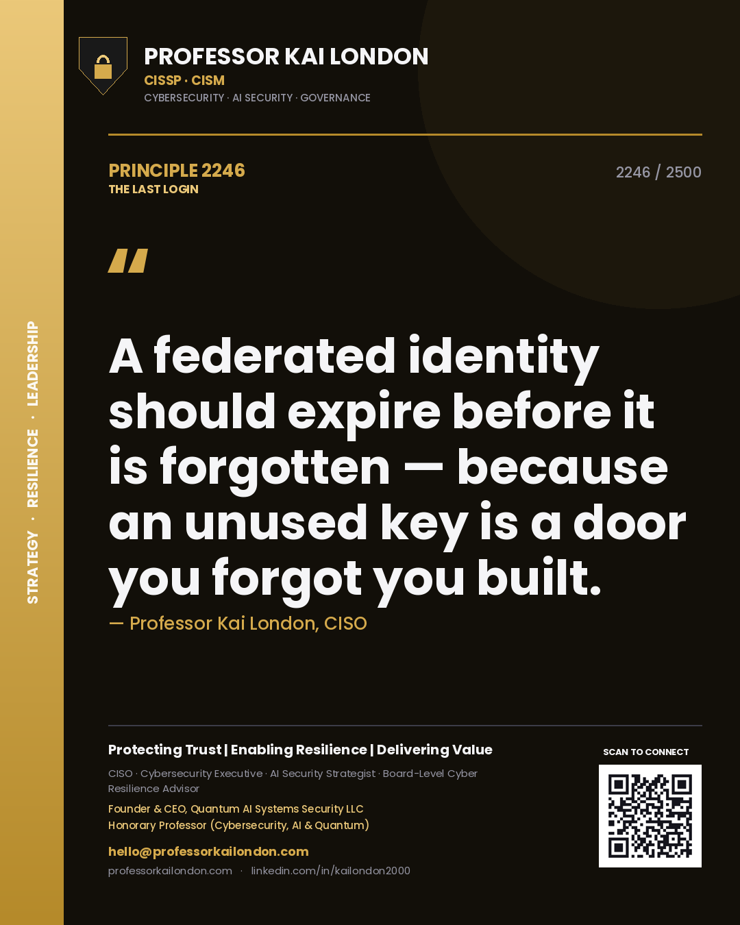 Quote card by Professor Kai London reading 'A federated identity should expire before it is forgotten — because an unused key is a door you forgot you built.'. From the book The Last Login.