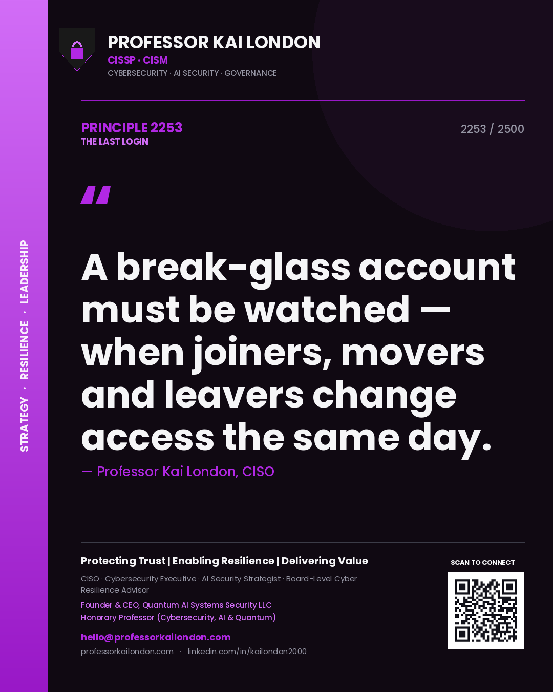 Quote card by Professor Kai London reading 'A break-glass account must be watched — when joiners, movers and leavers change access the same day.'. From the book The Last Login.