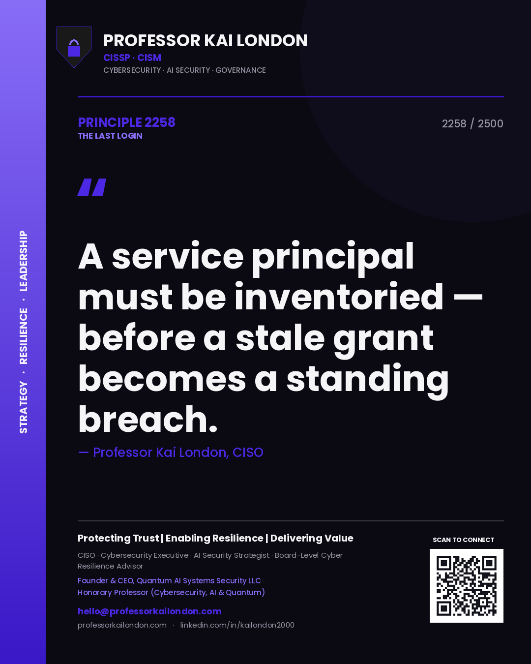 Quote card by Professor Kai London reading 'A service principal must be inventoried — before a stale grant becomes a standing breach.'. From the book The Last Login.