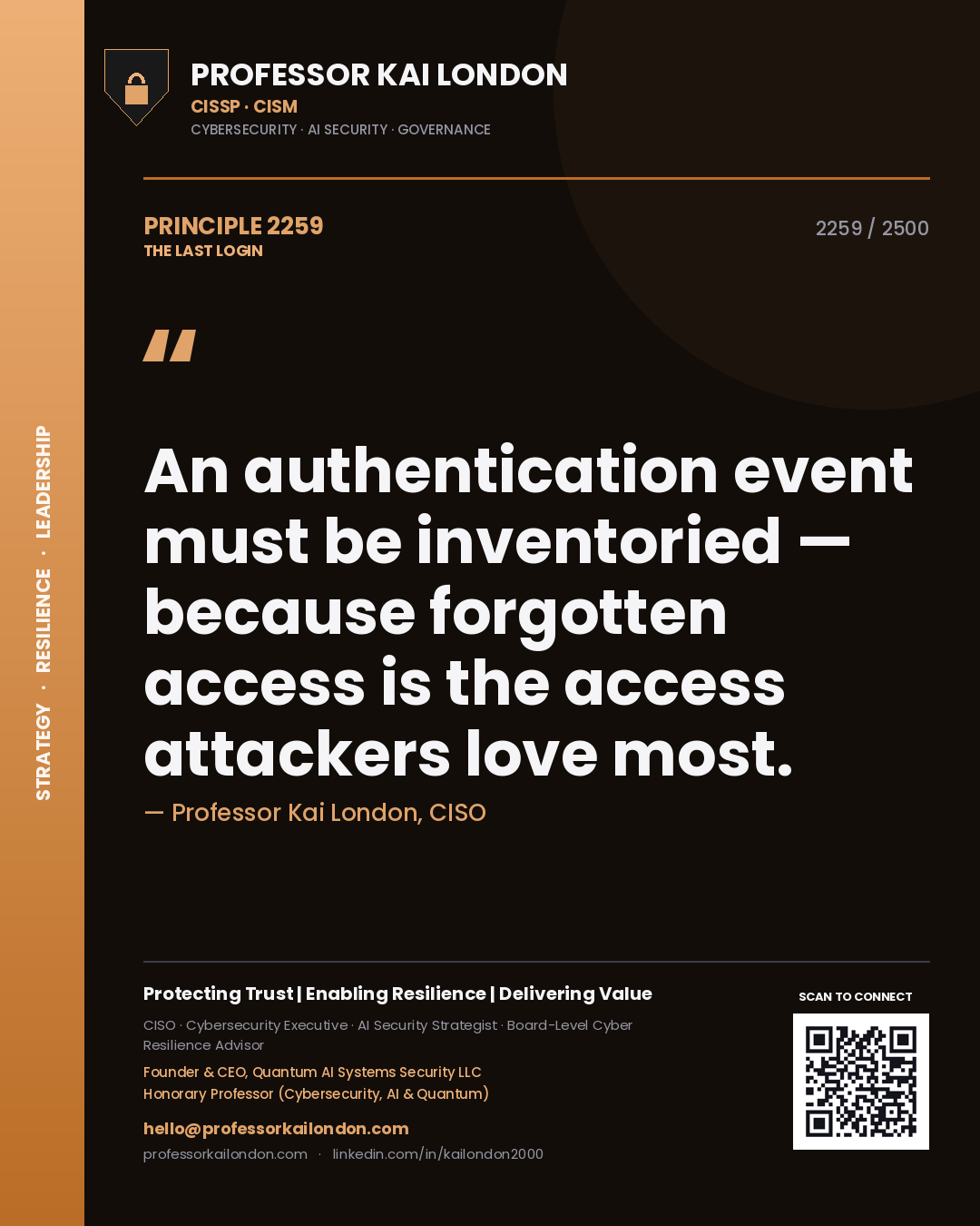 Quote card by Professor Kai London reading 'An authentication event must be inventoried — because forgotten access is the access attackers love most.'. From the book The Last Login.