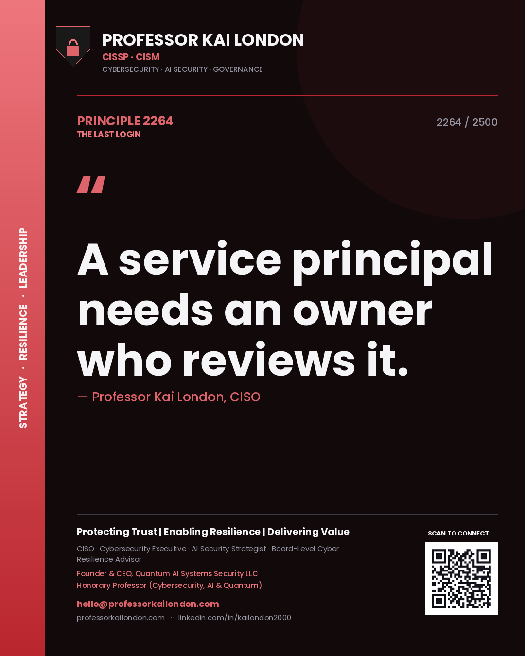 Quote card by Professor Kai London reading 'A service principal needs an owner who reviews it.'. From the book The Last Login.
