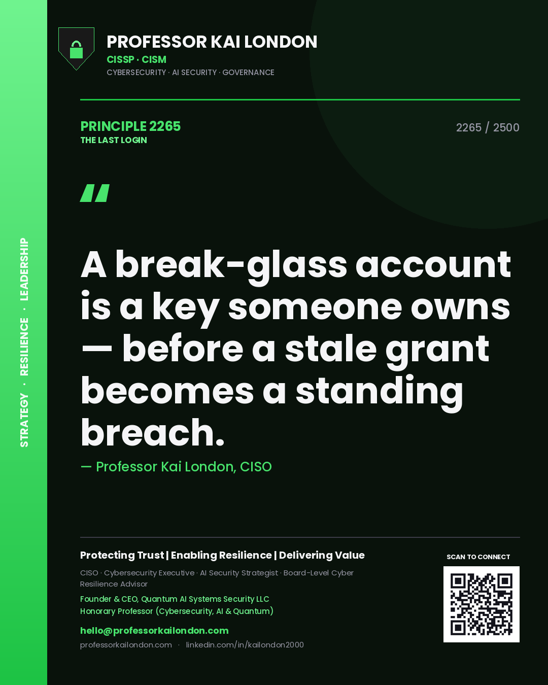 Quote card by Professor Kai London reading 'A break-glass account is a key someone owns — before a stale grant becomes a standing breach.'. From the book The Last Login.