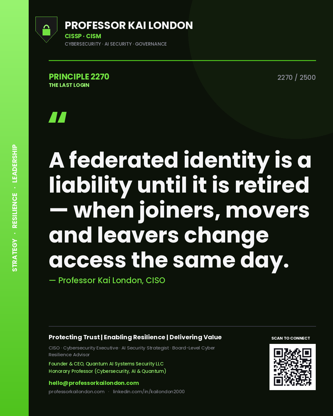 Quote card by Professor Kai London reading 'A federated identity is a liability until it is retired — when joiners, movers and leavers change access the same day.'. From the book The Last Login.
