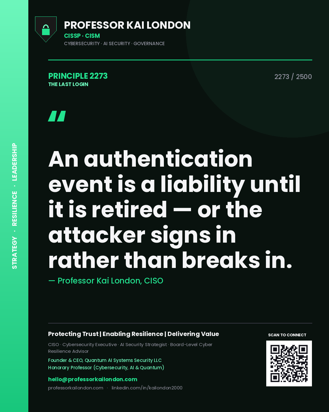 Professor Kai London principle 2273: An authentication event is a liability until it is retired — or the attacker signs in rather than breaks in.