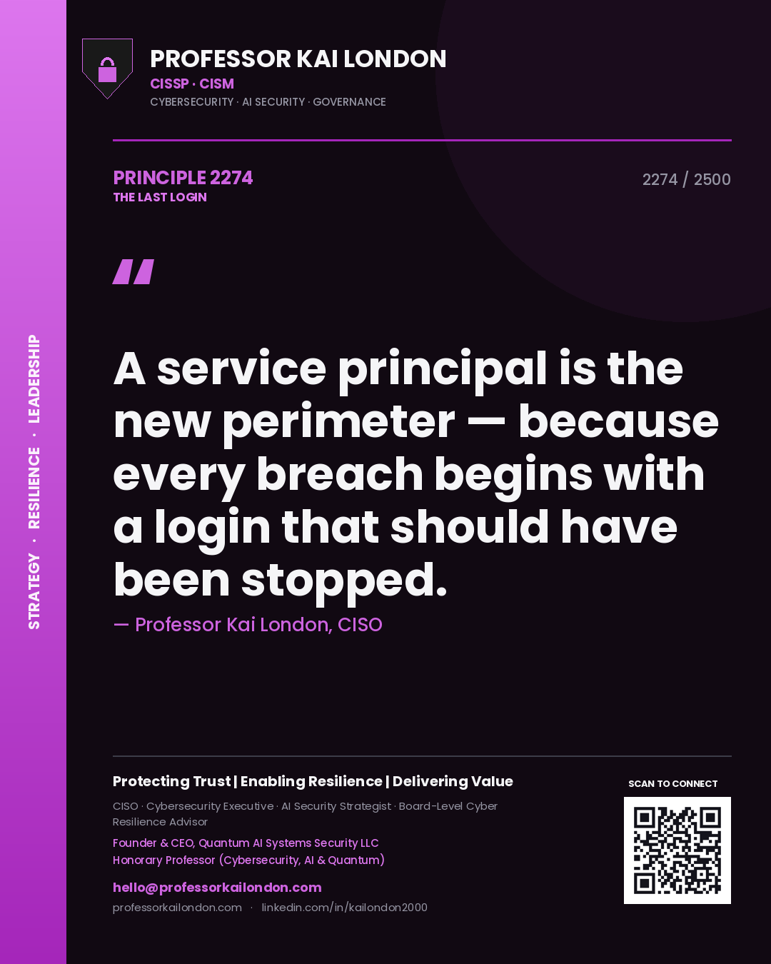 Professor Kai London principle 2274: A service principal is the new perimeter — because every breach begins with a login that should have been stopped.