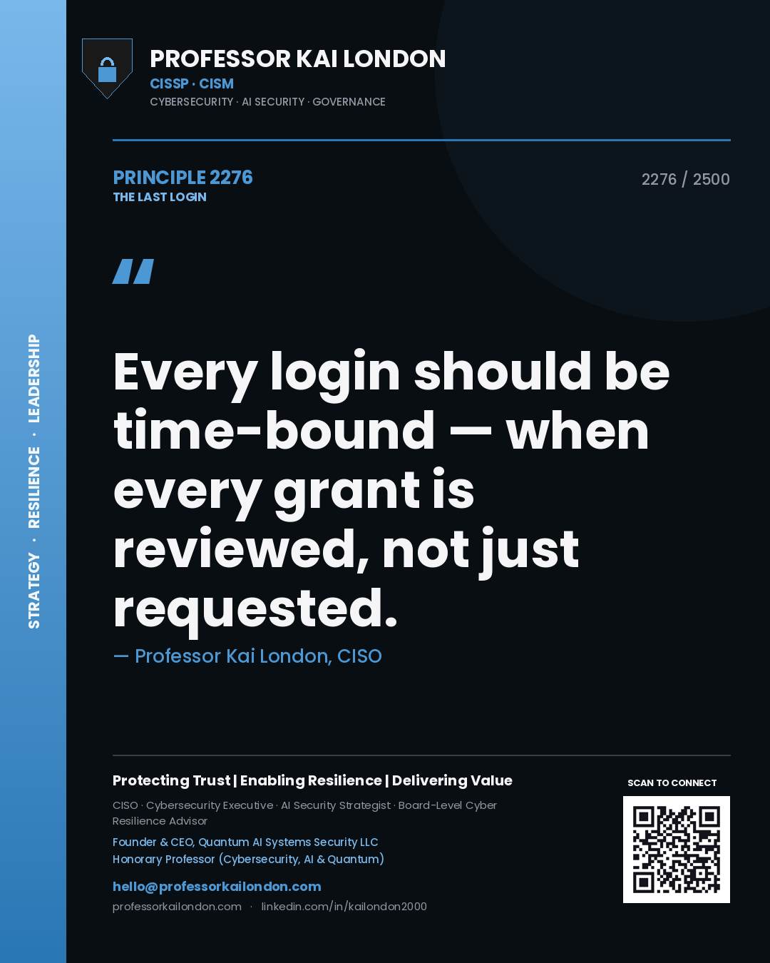 Quote card by Professor Kai London reading 'Every login should be time-bound — when every grant is reviewed, not just requested.'. From the book The Last Login.