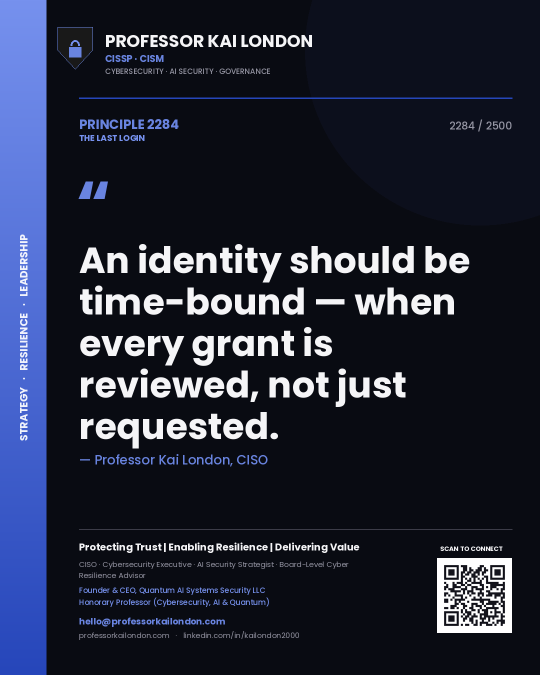 Quote card by Professor Kai London reading 'An identity should be time-bound — when every grant is reviewed, not just requested.'. From the book The Last Login.