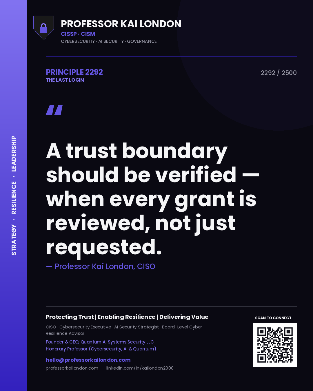 Quote card by Professor Kai London reading 'A trust boundary should be verified — when every grant is reviewed, not just requested.'. From the book The Last Login.