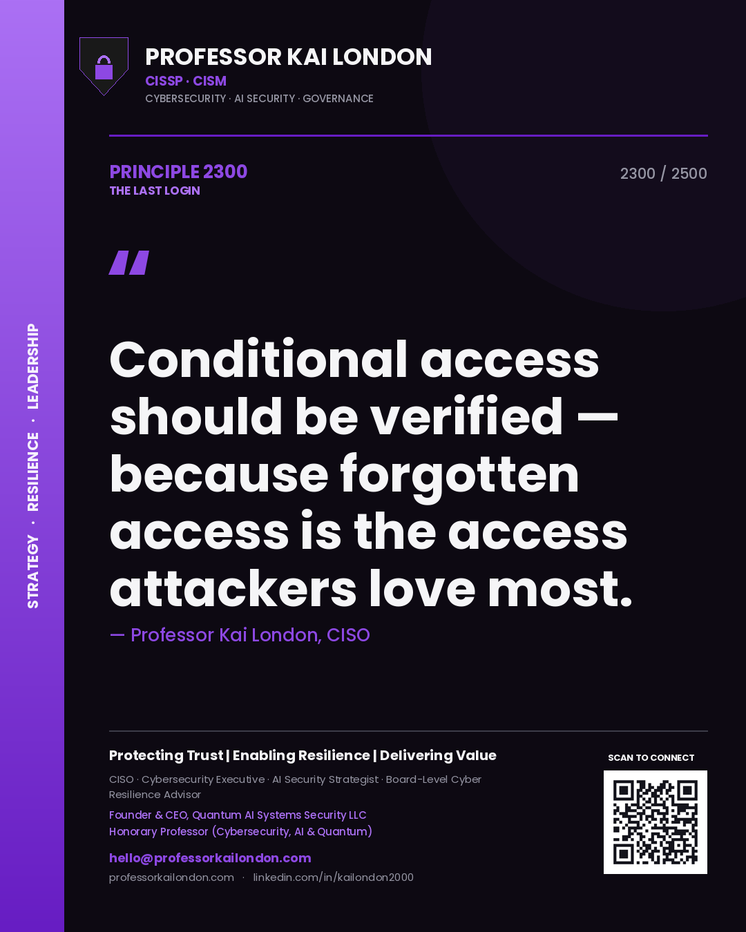 Quote card by Professor Kai London reading 'Conditional access should be verified — because forgotten access is the access attackers love most.'. From the book The Last Login.