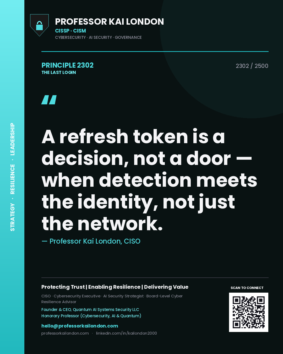 Quote card by Professor Kai London reading 'A refresh token is a decision, not a door — when detection meets the identity, not just the network.'. From the book The Last Login.