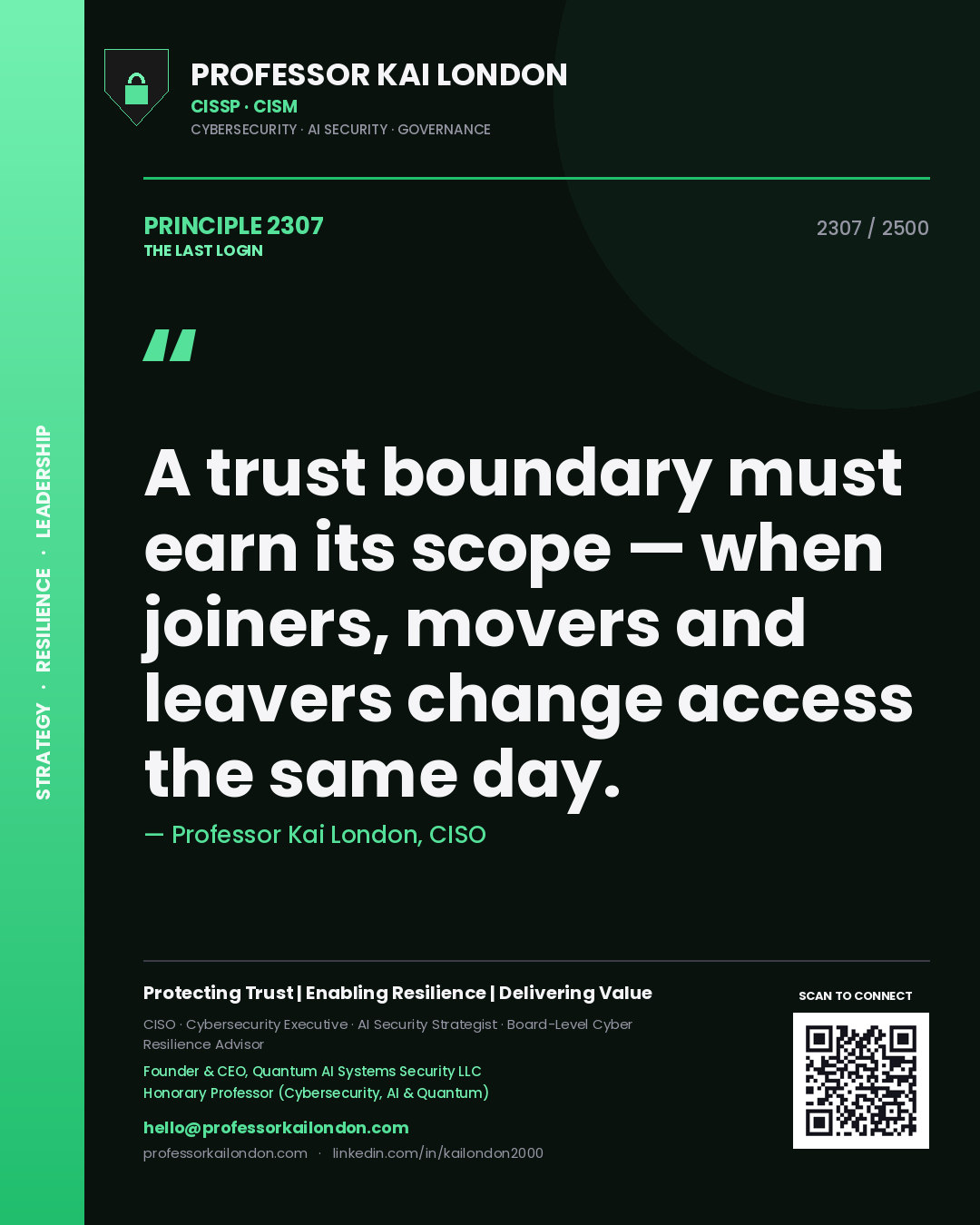 Quote card by Professor Kai London reading 'A trust boundary must earn its scope — when joiners, movers and leavers change access the same day.'. From the book The Last Login.