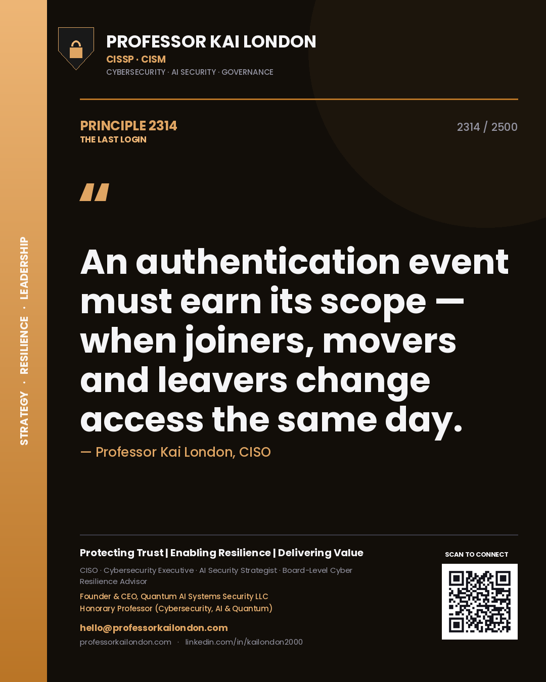 Quote card by Professor Kai London reading 'An authentication event must earn its scope — when joiners, movers and leavers change access the same day.'. From the book The Last Login.