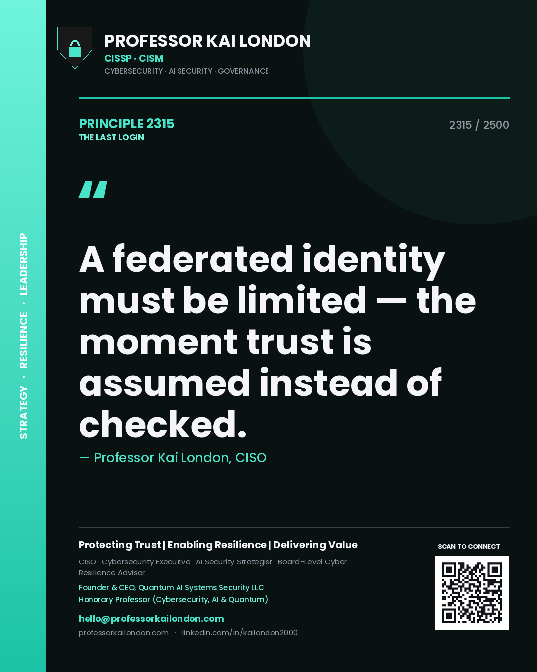 Quote card by Professor Kai London reading 'A federated identity must be limited — the moment trust is assumed instead of checked.'. From the book The Last Login.