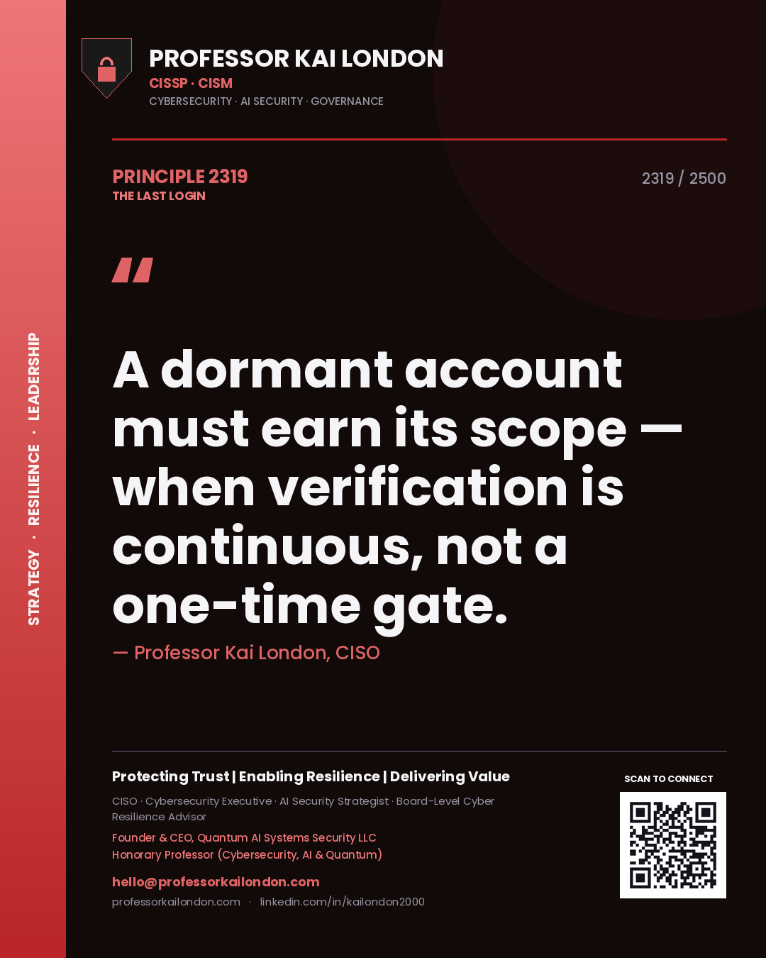 Professor Kai London principle 2319: A dormant account must earn its scope — when verification is continuous, not a one-time gate.
