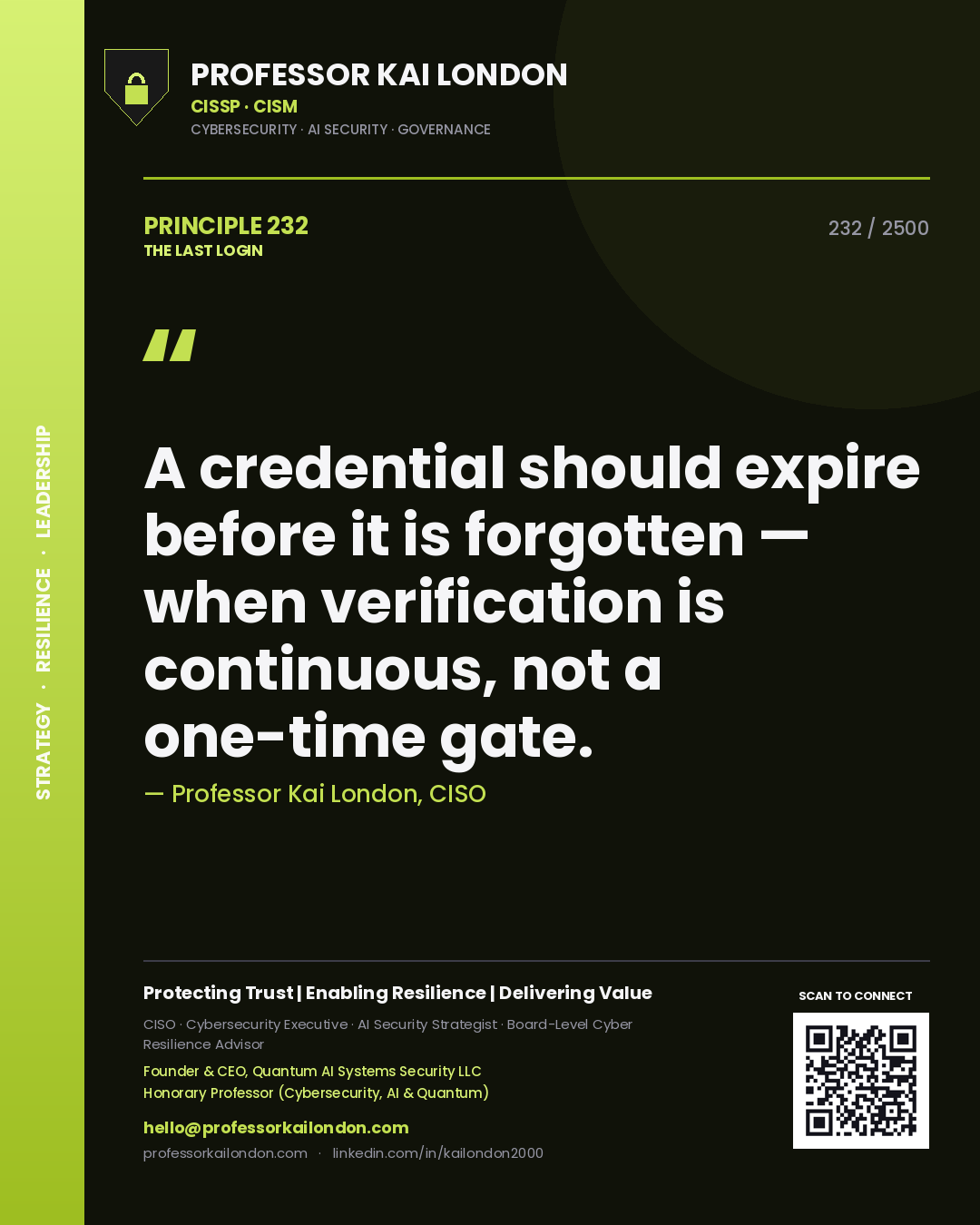 Quote card by Professor Kai London reading 'A credential should expire before it is forgotten — when verification is continuous, not a one-time gate.'. From the book The Last Login.