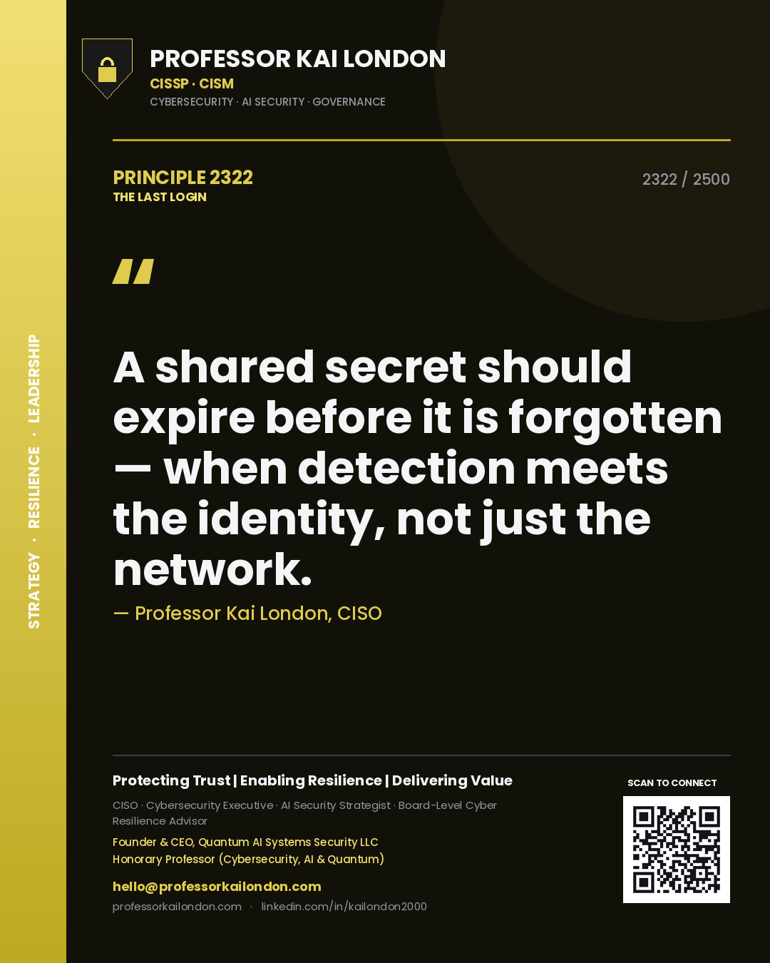 Quote card by Professor Kai London reading 'A shared secret should expire before it is forgotten — when detection meets the identity, not just the network.'. From the book The Last Login.