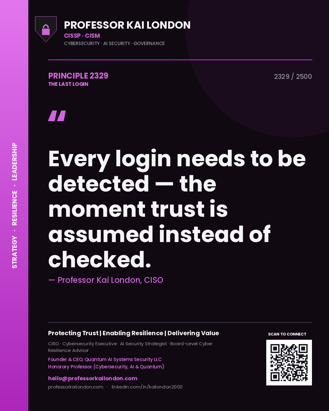 Quote card by Professor Kai London reading 'Every login needs to be detected — the moment trust is assumed instead of checked.'. From the book The Last Login.