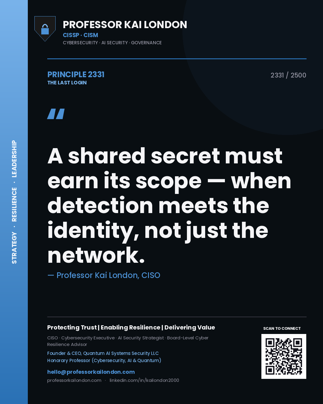 Quote card by Professor Kai London reading 'A shared secret must earn its scope — when detection meets the identity, not just the network.'. From the book The Last Login.