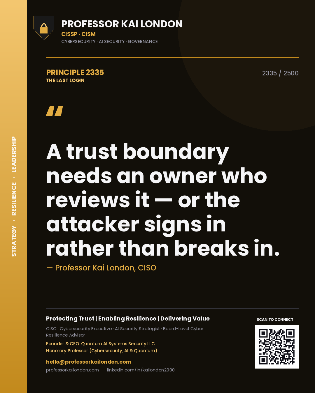 Quote card by Professor Kai London reading 'A trust boundary needs an owner who reviews it — or the attacker signs in rather than breaks in.'. From the book The Last Login.