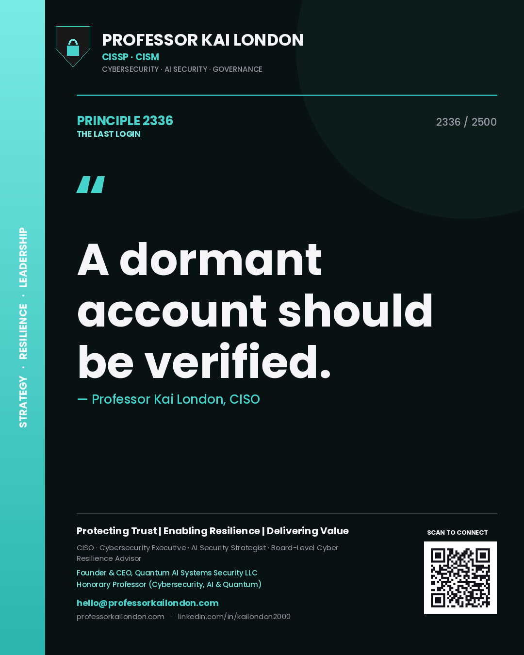 Quote card by Professor Kai London reading 'A dormant account should be verified.'. From the book The Last Login.