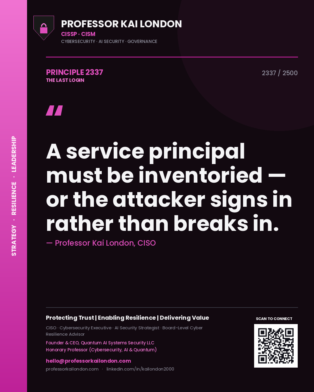 Quote card by Professor Kai London reading 'A service principal must be inventoried — or the attacker signs in rather than breaks in.'. From the book The Last Login.