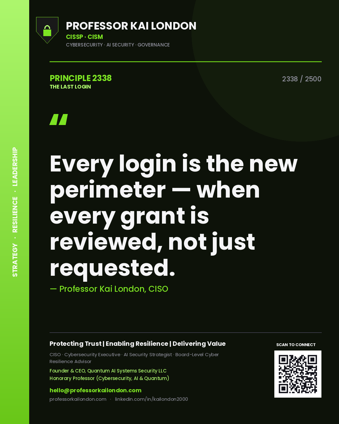 Quote card by Professor Kai London reading 'Every login is the new perimeter — when every grant is reviewed, not just requested.'. From the book The Last Login.