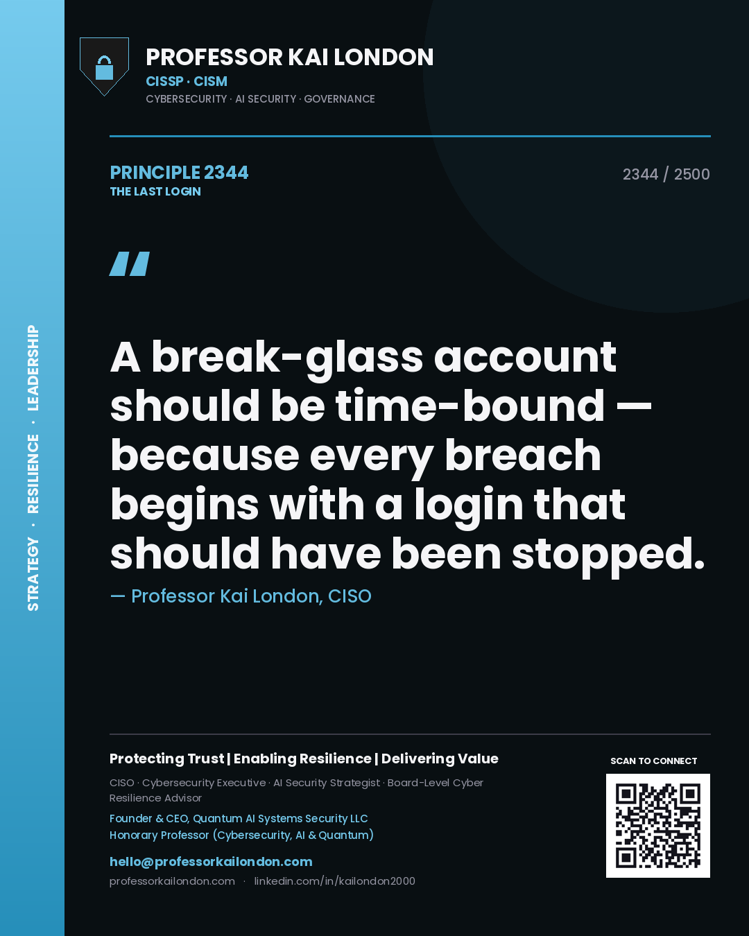 Quote card by Professor Kai London reading 'A break-glass account should be time-bound — because every breach begins with a login that should have been stopped.'. From the book The Last Login.