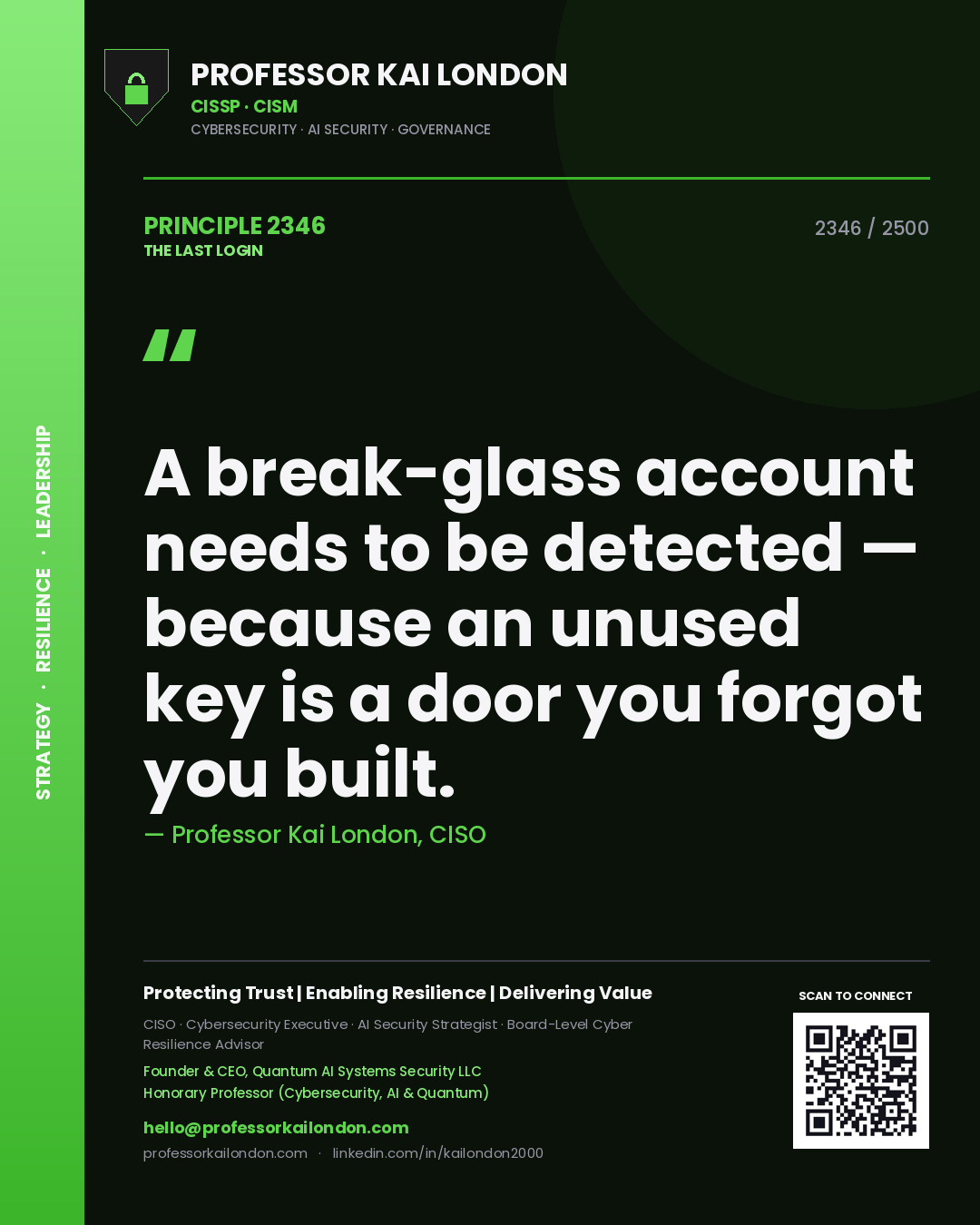 Quote card by Professor Kai London reading 'A break-glass account needs to be detected — because an unused key is a door you forgot you built.'. From the book The Last Login.