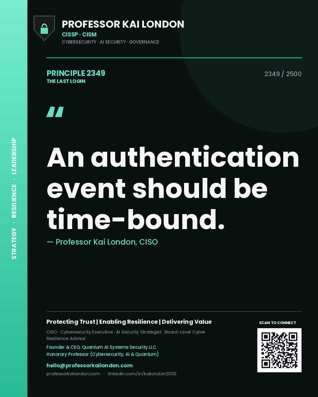 Quote card by Professor Kai London reading 'An authentication event should be time-bound.'. From the book The Last Login.