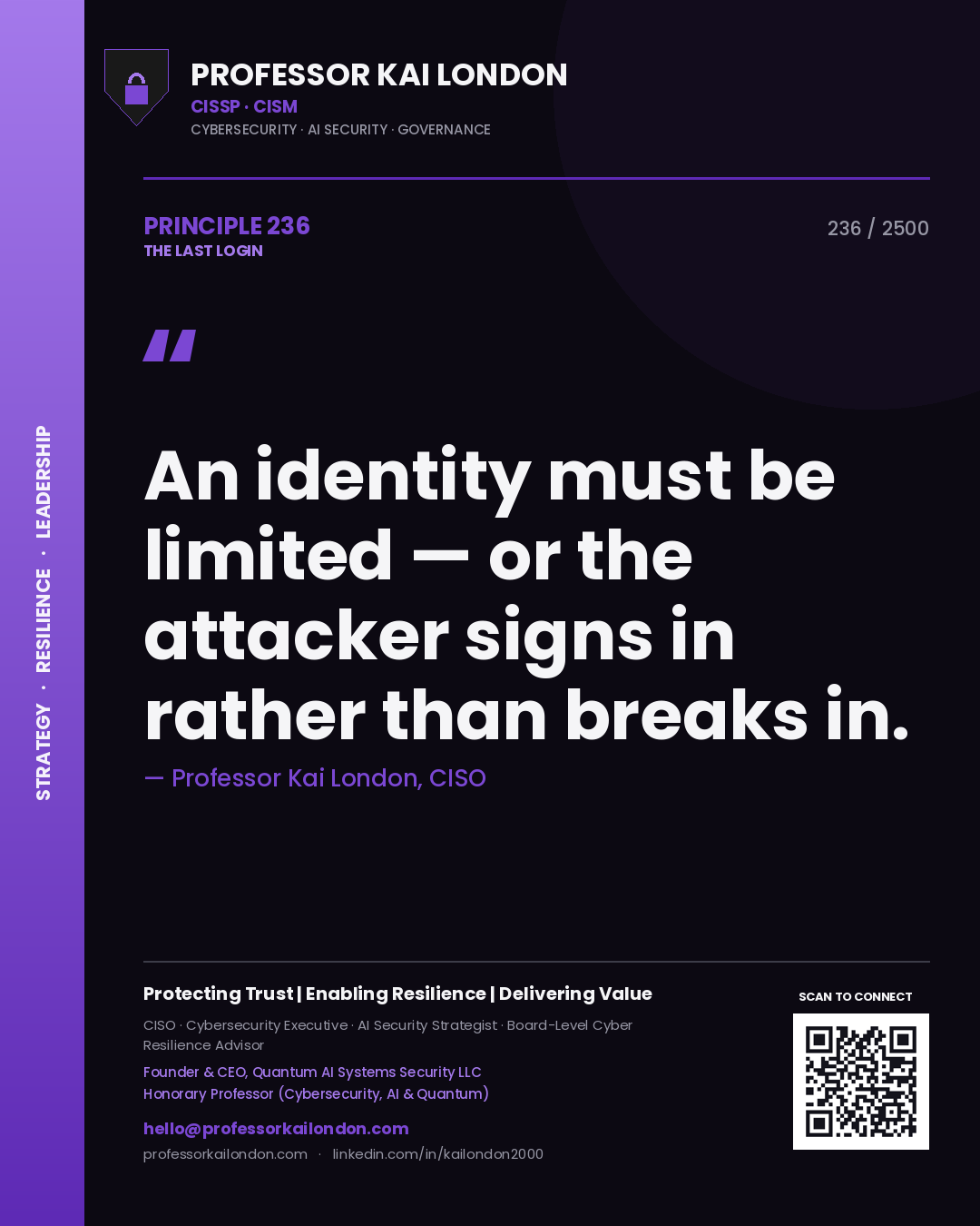 Quote card by Professor Kai London reading 'An identity must be limited — or the attacker signs in rather than breaks in.'. From the book The Last Login.