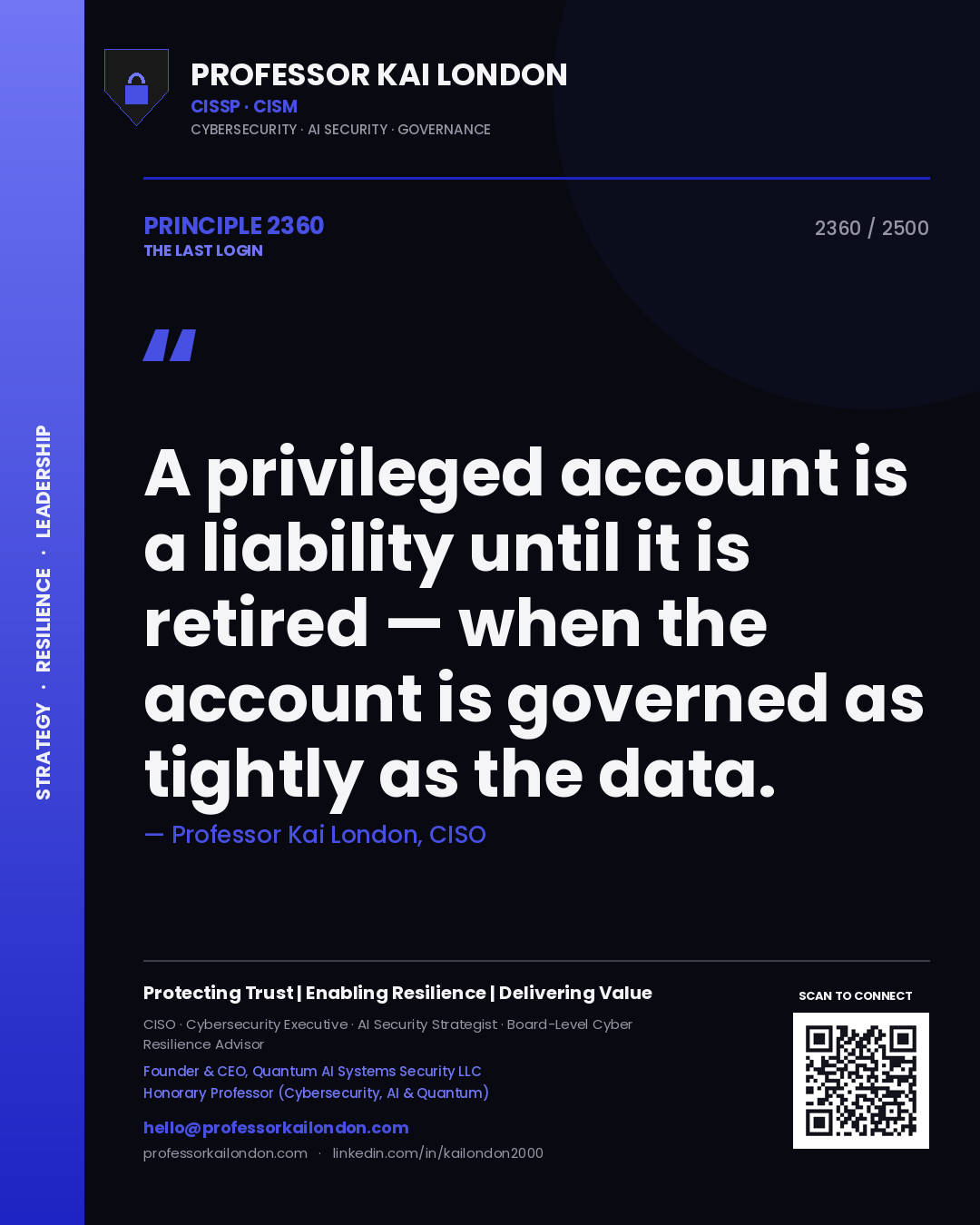 Quote card by Professor Kai London reading 'A privileged account is a liability until it is retired — when the account is governed as tightly as the data.'. From the book The Last Login.