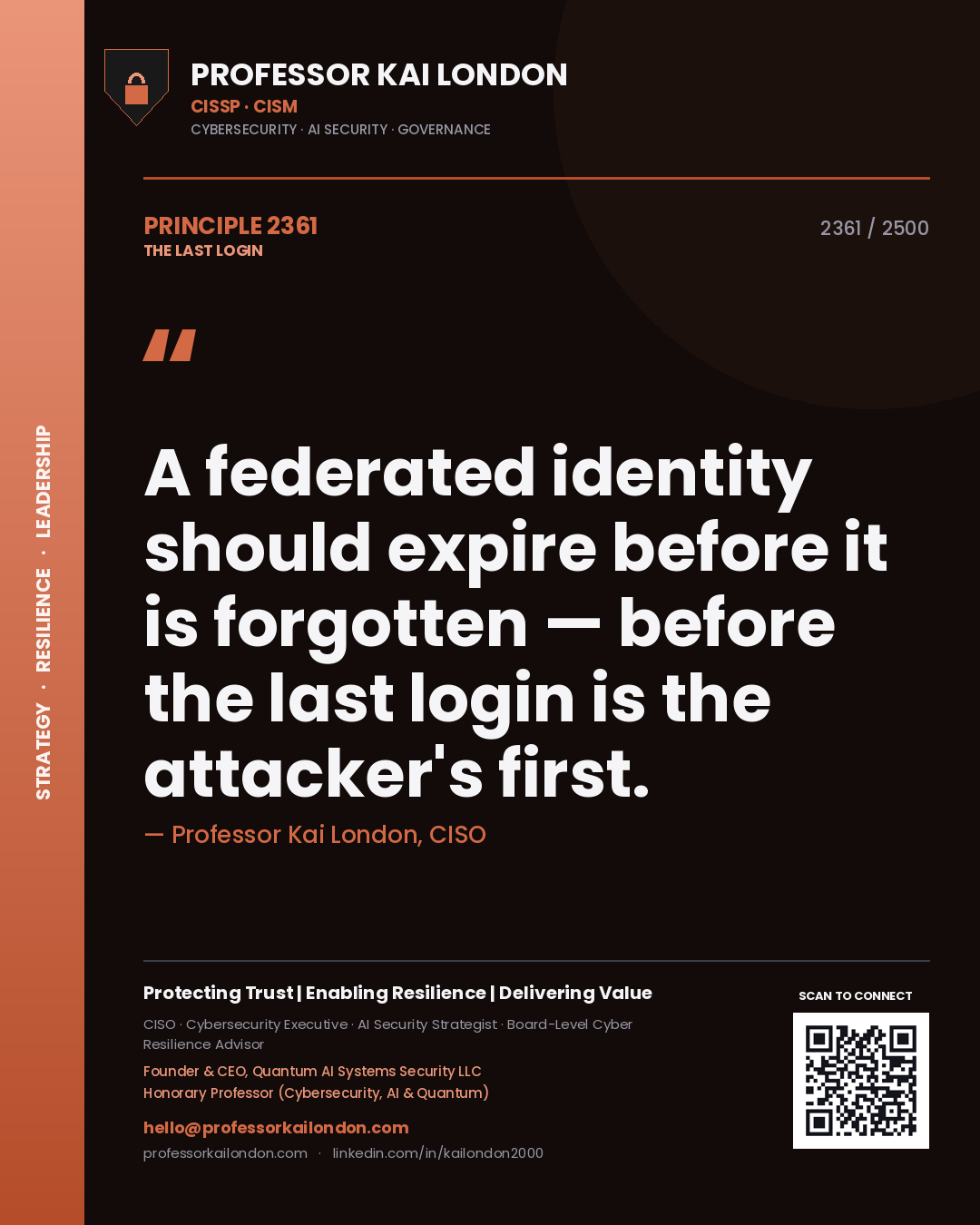 Quote card by Professor Kai London reading 'A federated identity should expire before it is forgotten — before the last login is the attacker's first.'. From the book The Last Login.