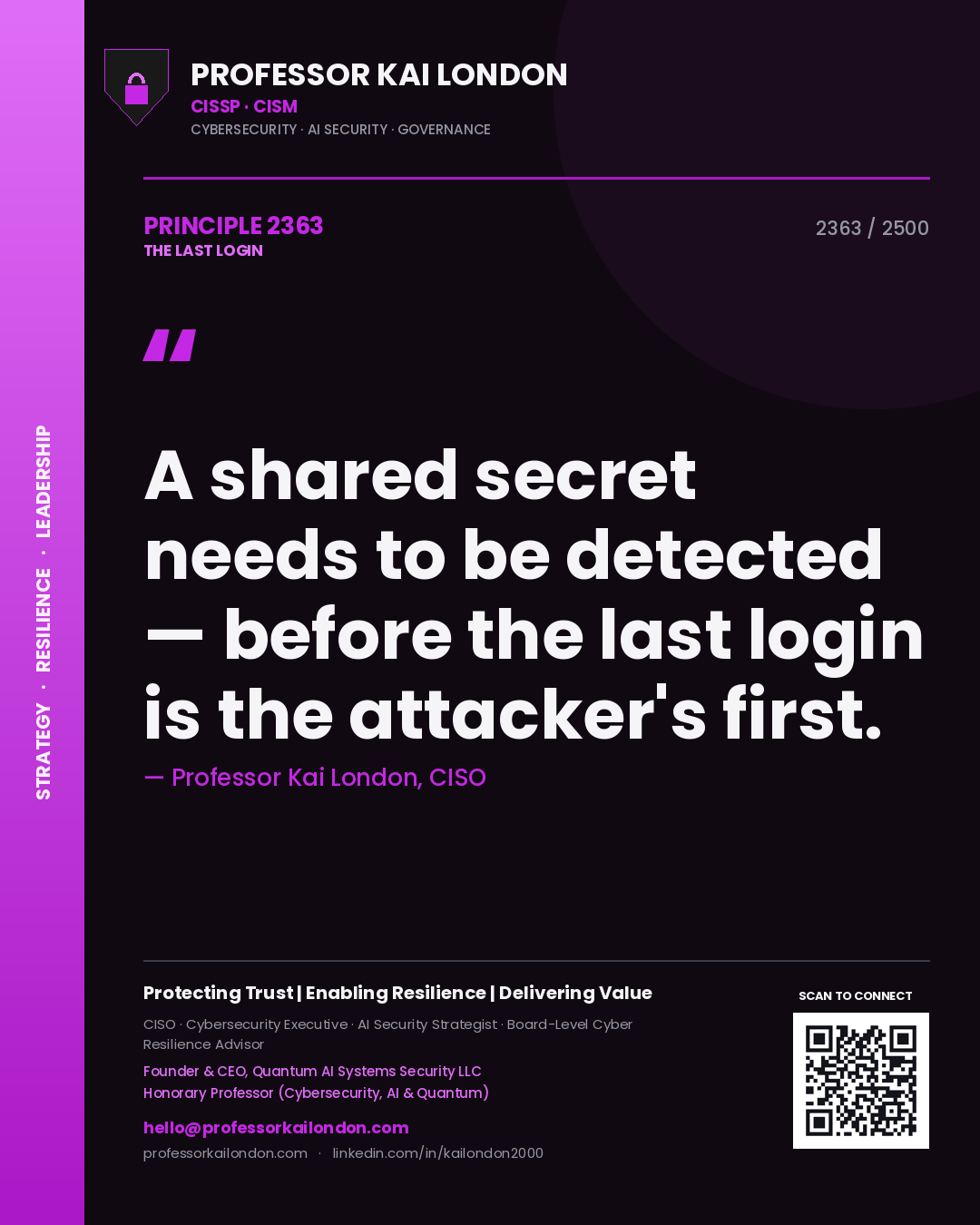 Quote card by Professor Kai London reading 'A shared secret needs to be detected — before the last login is the attacker's first.'. From the book The Last Login.