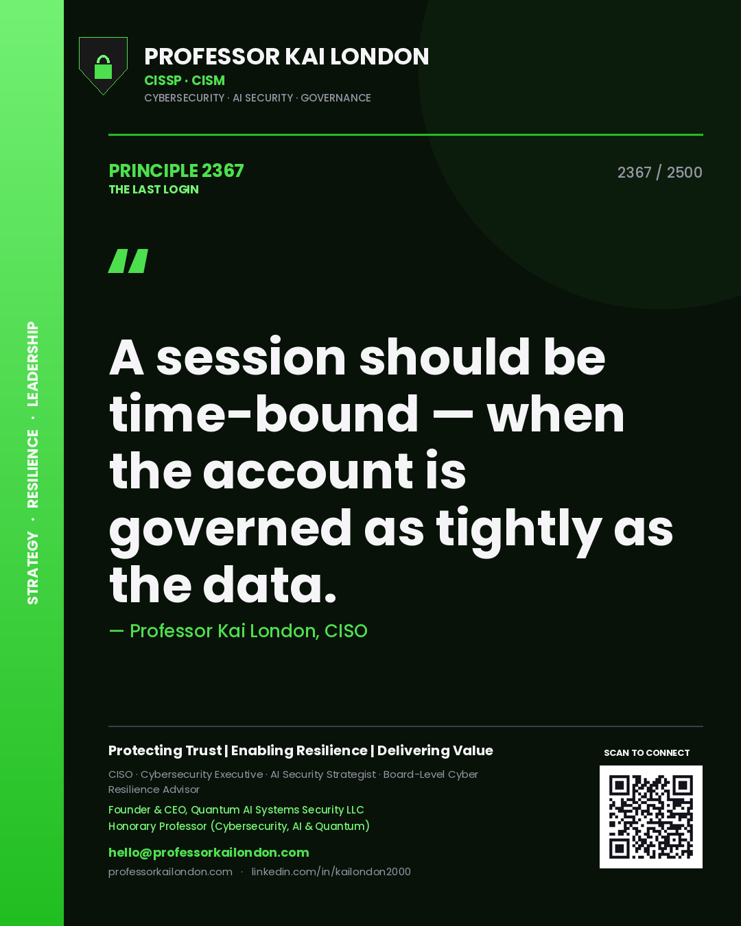 Quote card by Professor Kai London reading 'A session should be time-bound — when the account is governed as tightly as the data.'. From the book The Last Login.